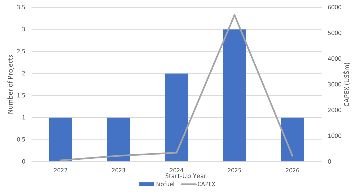 Capex and Number of biofuel projects in  the netherlands