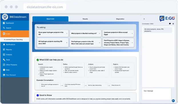 E:GO assistant panel inside EICDataStream showing suggested questions and capabilities